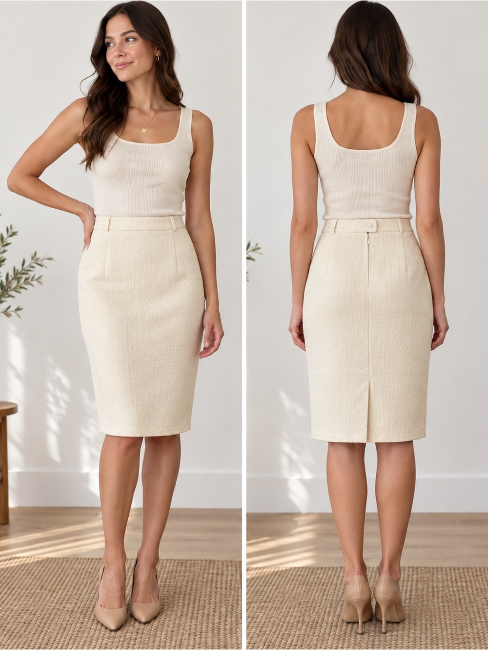 Fordan Vintage Cream Wool Blend Pencil Skirt Size 44 Classic Minimalist
